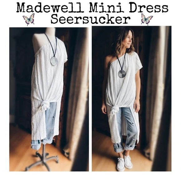 Madewell Seersucker Midi Dress One Shoulder Striped Small NWT - Picture 2 of 16